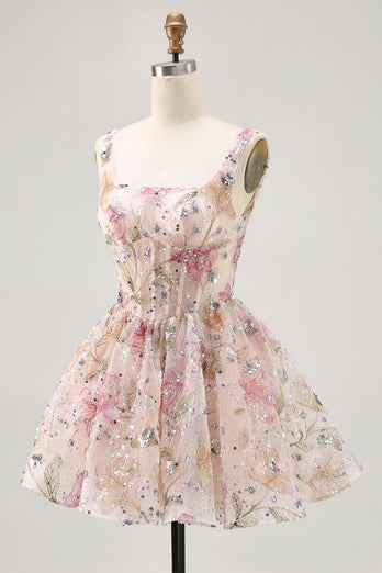Sparkly Floral Pink Corset Beaded Short Homecoming Dress with Sequins