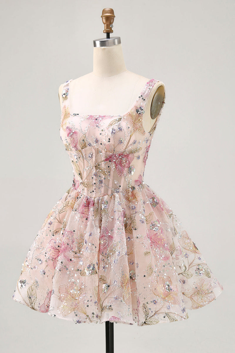 Load image into Gallery viewer, Sparkly Floral Pink Corset Beaded Short Homecoming Dress with Sequins