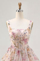 Load image into Gallery viewer, Sparkly Floral Pink Corset Beaded Short Homecoming Dress with Sequins