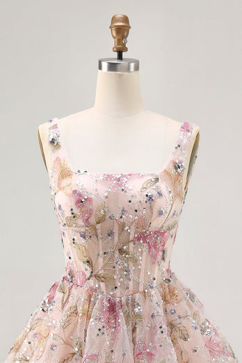 Sparkly Floral Pink Corset Beaded Short Homecoming Dress with Sequins