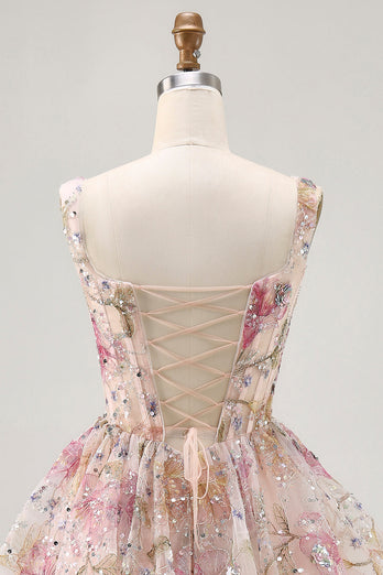 Sparkly Floral Pink Corset Beaded Short Homecoming Dress with Sequins