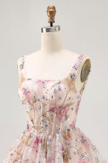 Sparkly Floral Pink Corset Beaded Short Homecoming Dress with Sequins