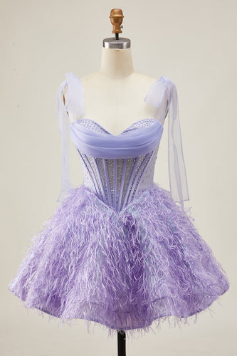 Sparkly Lilac A Line Beaded Short Corset Homecoming Dress with Feathers