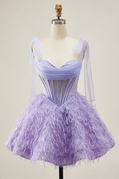 Sparkly Lilac A Line Beaded Short Corset Homecoming Dress with Feathers