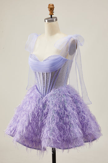Sparkly Lilac A Line Beaded Short Corset Homecoming Dress with Feathers