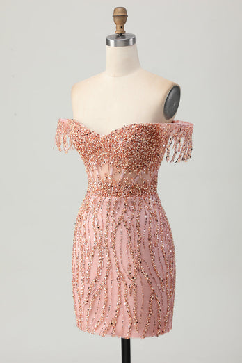 Dusty Rose Sparkly Corset Bodycon Short Homecoming Dress with Beading