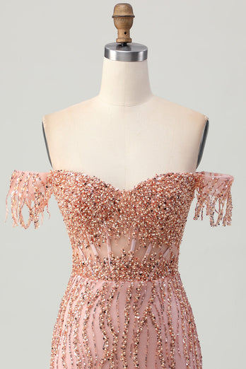 Dusty Rose Sparkly Corset Bodycon Short Homecoming Dress with Beading
