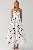 Load image into Gallery viewer, Black and White Strapless Satin Empire Boho Maxi Polka Dot Dress