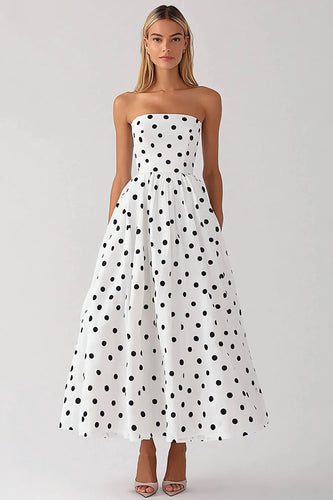 Black and White Strapless Satin Empire Boho Maxi Polka Dot Dress