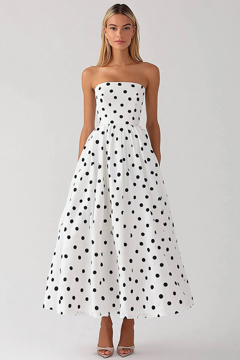 Load image into Gallery viewer, Black and White Strapless Satin Empire Boho Maxi Polka Dot Dress