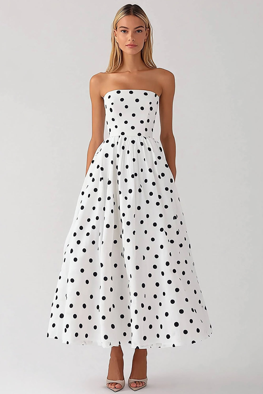 Black and White Strapless Satin Empire Boho Maxi Polka Dot Dress
