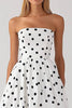 Load image into Gallery viewer, Black and White Strapless Satin Empire Boho Maxi Polka Dot Dress
