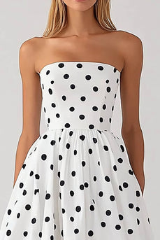 Black and White Strapless Satin Empire Boho Maxi Polka Dot Dress
