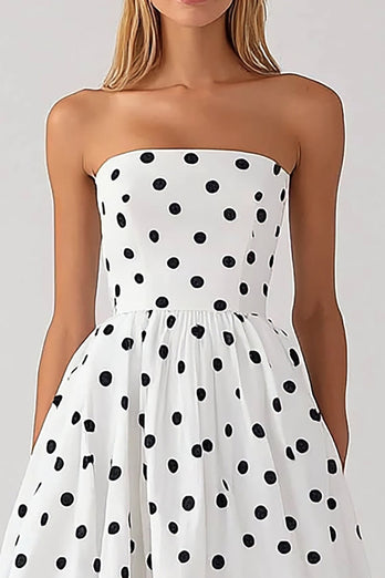 Black and White Strapless Satin Empire Boho Maxi Polka Dot Dress