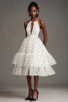 Load image into Gallery viewer, White and Black A Line Tiered Midi Tulle Polka Dot Dress with Ruffles