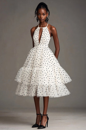 White and Black A Line Tiered Midi Tulle Polka Dot Dress with Ruffles