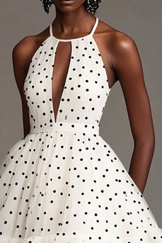 White and Black A Line Tiered Midi Tulle Polka Dot Dress with Ruffles