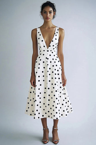 Satin Black and White Deep V-Neck A Line Boho Midi Polka Dot Dress