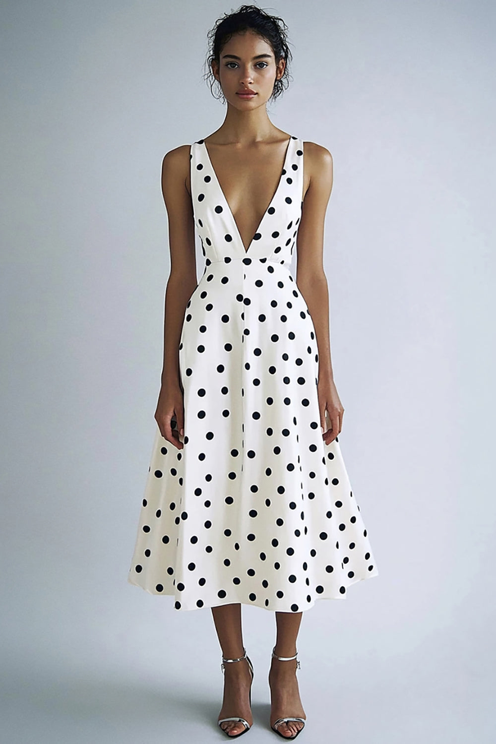 Satin Black and White Deep V-Neck A Line Boho Midi Polka Dot Dress