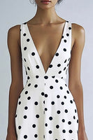 Load image into Gallery viewer, Satin Black and White Deep V-Neck A Line Boho Midi Polka Dot Dress