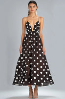 Load image into Gallery viewer, Coffee and White Spaghetti Straps Chiffon A Line Boho Maxi Polka Dot Dress