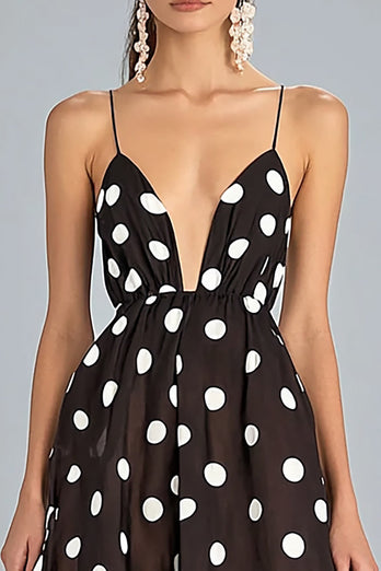 Coffee and White Spaghetti Straps Chiffon A Line Boho Maxi Polka Dot Dress