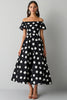 Load image into Gallery viewer, Satin A Line Off the Shoulder Boho Black and White Maxi Polka Dot Dress