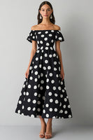 Load image into Gallery viewer, Satin A Line Off the Shoulder Boho Black and White Maxi Polka Dot Dress
