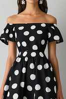 Load image into Gallery viewer, Satin A Line Off the Shoulder Boho Black and White Maxi Polka Dot Dress