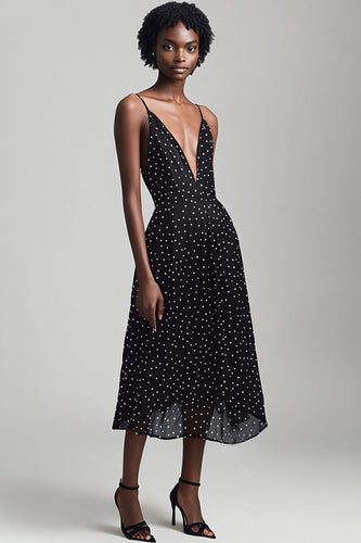 Boho Chiffon Black and White A Line Deep V-Neck Midi Polka Dot Dress