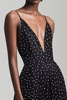 Load image into Gallery viewer, Boho Chiffon Black and White A Line Deep V-Neck Midi Polka Dot Dress