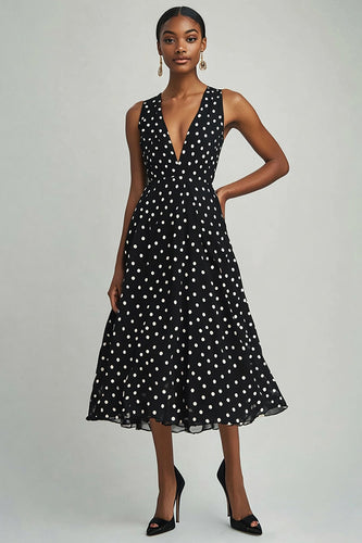 Chiffon Deep V-Neck A Line Black and White Boho Midi Polka Dot Dress