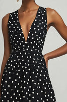 Load image into Gallery viewer, Chiffon Deep V-Neck A Line Black and White Boho Midi Polka Dot Dress