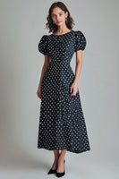 Load image into Gallery viewer, Boho Black and White Puff Sleeves Satin A Line Maxi Polka Dot Dress