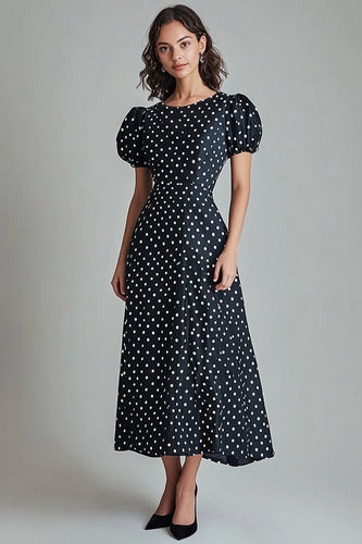 Boho Black and White Puff Sleeves Satin A Line Maxi Polka Dot Dress