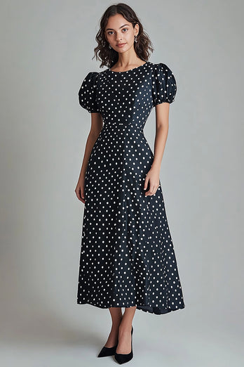 Boho Black and White Puff Sleeves Satin A Line Maxi Polka Dot Dress