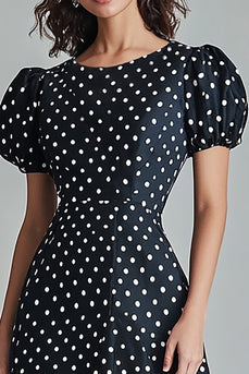 Boho Black and White Puff Sleeves Satin A Line Maxi Polka Dot Dress
