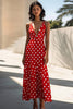 Load image into Gallery viewer, Red and White A Line Deep Satin V-Neck Boho Maxi Polka Dot Dress