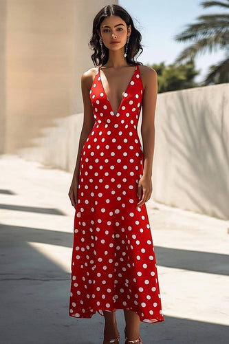 Red and White A Line Deep Satin V-Neck Boho Maxi Polka Dot Dress