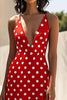 Load image into Gallery viewer, Red and White A Line Deep Satin V-Neck Boho Maxi Polka Dot Dress