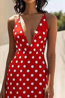 Load image into Gallery viewer, Red and White A Line Deep Satin V-Neck Boho Maxi Polka Dot Dress