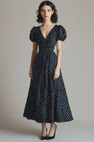 Load image into Gallery viewer, Puff Sleeves V-Neck Black and White Satin Boho Maxi Polka Dot Dress