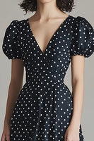 Load image into Gallery viewer, Puff Sleeves V-Neck Black and White Satin Boho Maxi Polka Dot Dress