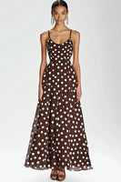 Load image into Gallery viewer, Coffee and White A Line Spaghetti Straps Boho Maxi Chiffon Polka Dot Dress