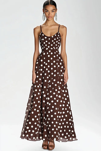 Coffee and White A Line Spaghetti Straps Boho Maxi Chiffon Polka Dot Dress