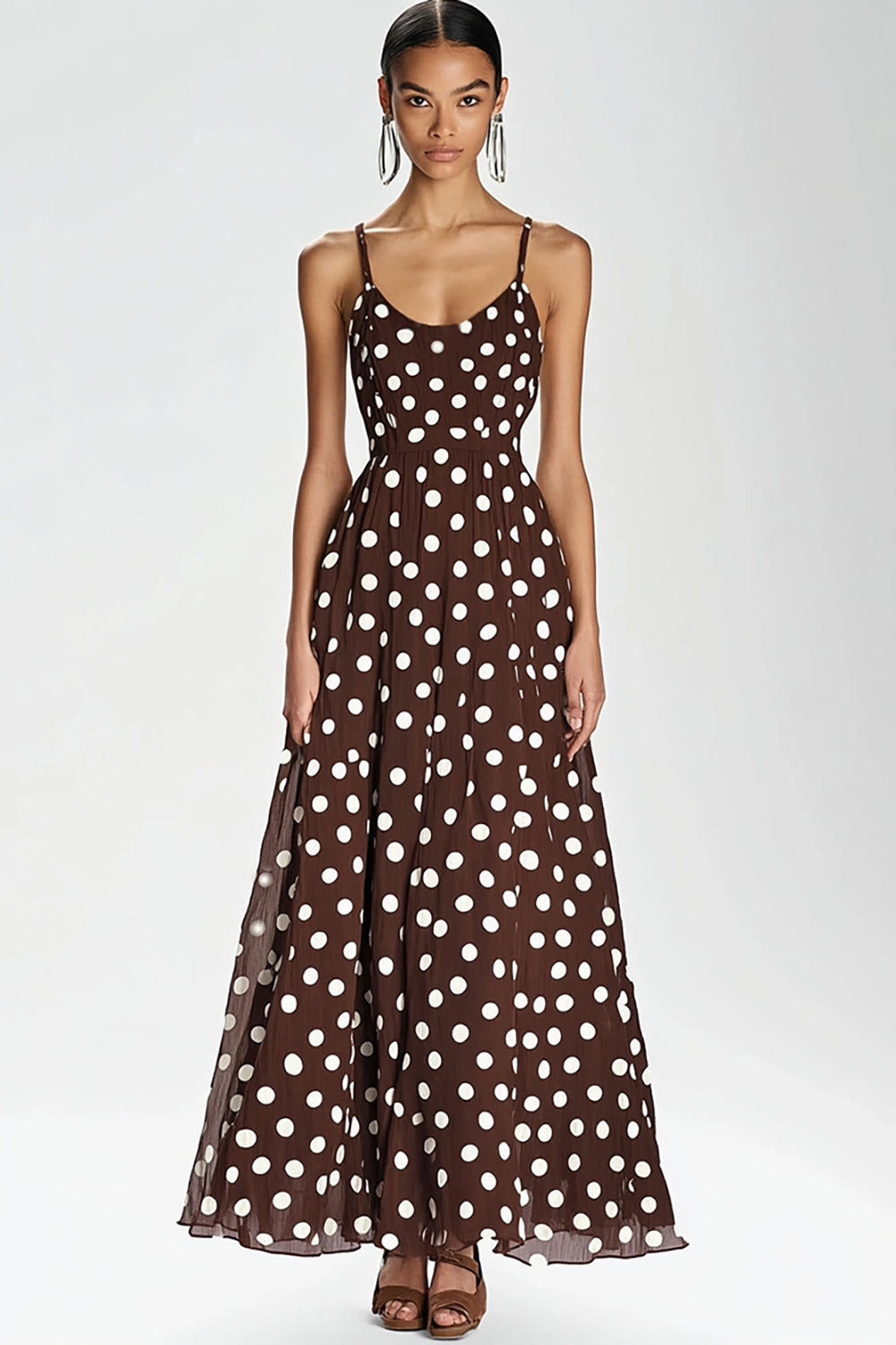 Coffee and White A Line Spaghetti Straps Boho Maxi Chiffon Polka Dot Dress