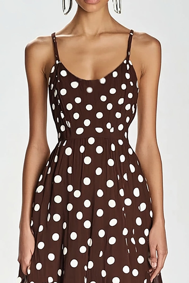 Load image into Gallery viewer, Coffee and White A Line Spaghetti Straps Boho Maxi Chiffon Polka Dot Dress