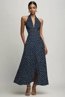 Load image into Gallery viewer, Navy and White Chiffon Halter A Line Boho Maxi Polka Dot Dress with Slit