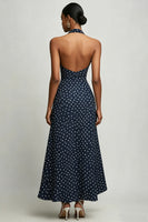 Load image into Gallery viewer, Navy and White Chiffon Halter A Line Boho Maxi Polka Dot Dress with Slit