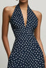 Load image into Gallery viewer, Navy and White Chiffon Halter A Line Boho Maxi Polka Dot Dress with Slit